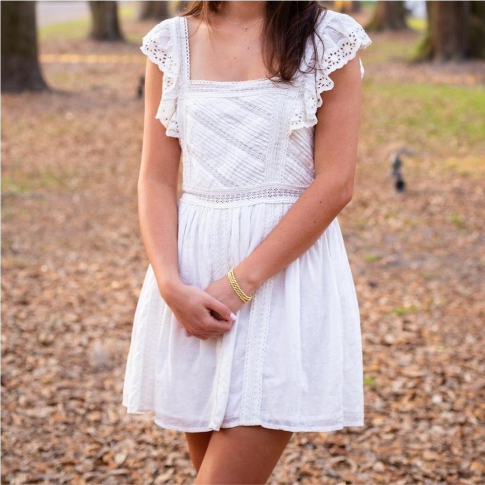 Tularosa White Eyelet Mini Dress with Ruffle Sleeves